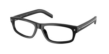 Das Bild zeigt die Prada Brille B02V in Schwarz leicht schräg von der Seite.
